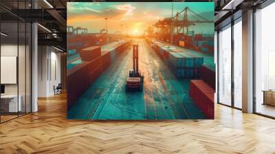 Logistics and shipping container ship industry, Forklift for container handling, Loading boxes for logistics industry, Import, Export and transportation, Basic concepts of shipping industry. Wall mural