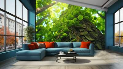 Lush green vine tendrils and leaves climbing up the rough bark of a tree trunk in a serene verdant forest The natural organic growth creates a scenic tranquil landscape Wall mural