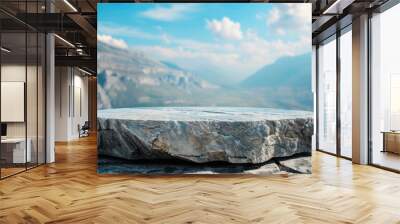 Stone table stone pedestal with blue mountain nature landscape background flat outdoor. Natural organic beauty cosmetics or health products. Shelf for spring and summer concept. Wall mural