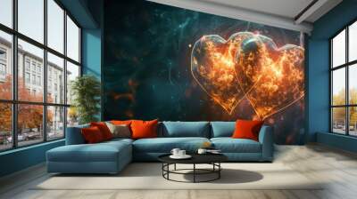 Two hearts intertwined with a glowing aura, set against a backdrop of dark shadows and faint whispers of light. Wall mural