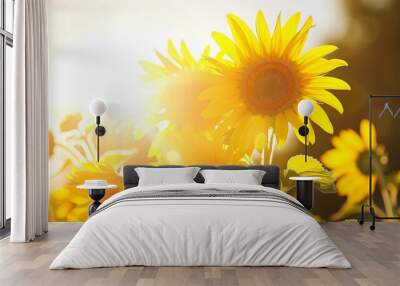 Radiant yellow sunflowers blooming under a sunny sky Wall mural