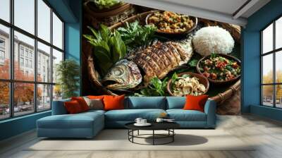 A beautiful arrangement of Thai fermented fish (Pla Ra) served with fresh herbs and chili on a traditional ceramic dish on a wooden table. Wall mural