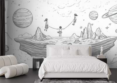 A black-and-white line drawing of children swinging from tree branches on a planet with surreal landscapes. Rolling hills and mountains can be seen in the background. Wall mural