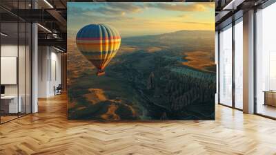 A breathtaking Full HD image of a person sitting in a colorful hot air balloon, soaring above a stunning landscape, capturing the beauty of the world's most picturesque scenery below. Wall mural