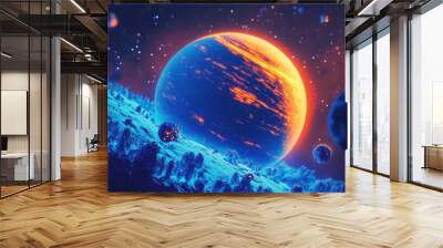 A glowing, bioluminescent planet with blue forests and bright orange oceans, its surface illuminated by a ring of vibrant asteroids. Wall mural