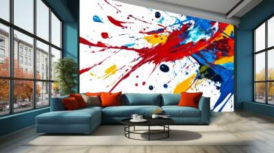 A multicolored paint splash with shades of red, blue, and yellow splattered across a white background, blending into a vibrant, chaotic harmony of shapes and textures. Wall mural