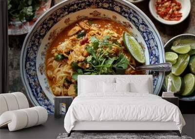 A plate of Khanom Jeen rice noodles served with rich chicken curry, surrounded by fresh Thai herbs and vegetables, set on a traditional Thai wooden table. Wall mural