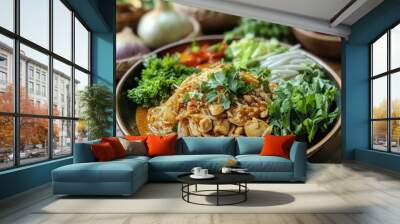 A plate of Khanom Jeen rice noodles served with rich chicken curry, surrounded by fresh Thai herbs and vegetables, set on a traditional Thai wooden table. Wall mural