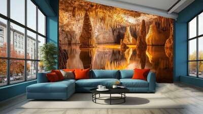 A stunning underground cave with shimmering stalactites and stalagmites, illuminated by soft golden light reflecting off a calm subterranean lake. Wall mural