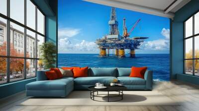 an oil rig in action, with workers and machinery busy at work, set against a backdrop of blue skies and ocean waves, capturing the essence of offshore drilling. Wall mural