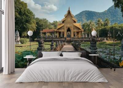 An old Thai pagoda with intricate gold details, surrounded by lotus ponds and ancient stone statues. Wall mural