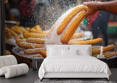 Churros being fried and sprinkled with sugar and cinnamon at a street stall in Mexico City. Wall mural