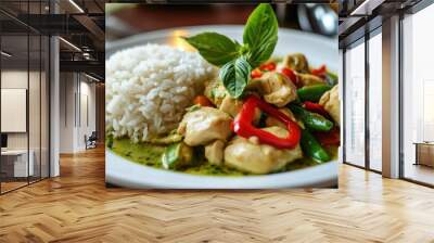 food sign featuring a green curry chicken dish with rice, brightly Wall mural