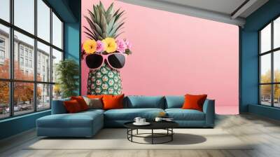 A cartoon of a funky pineapple with sunglasses and a flower crown, groovy, cartoon pineapple, tropical Wall mural