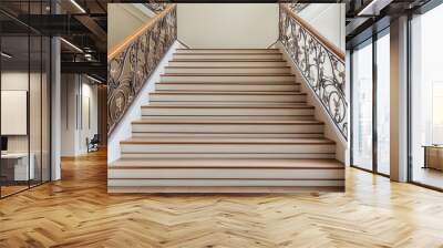 An ornate Art Nouveau staircase railing with flowing lines and floral details, Art Nouveau, railing, decorative Wall mural