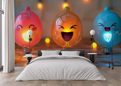 Cheerful and colorful light bulb characters bringing joy and laughter to any space with their playful expressions and fun designs Wall mural