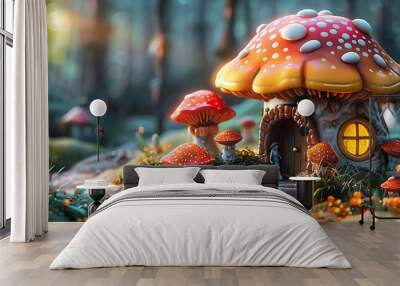 Whimsical mushroom cottage nestled in a lush enchanted forest surrounded by colorful fungi and vibrant flora invoking a sense of magic and wonder Wall mural