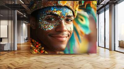 A close-up portrait of a woman in a colorful Venetian mask with feathers, capturing the essence Wall mural