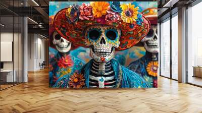 A vibrant, colorful sculpture of a skull blending elements of Asian culture and traditional art from India and Thailand, fe Wall mural