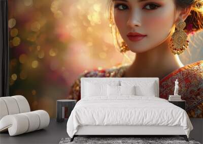 Beautiful Woman in Red and Gold Sari with Bokeh Background Wall mural