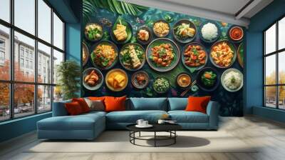 Delicious Asian Food Feast on Blue Table with Palm Leaves Wall mural