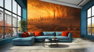 Dubai Skyline with Dramatic Clouds and Desert Sands Wall mural