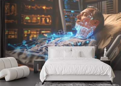 A patient lies in a hospital bed surrounded by a futuristic digital interface. Wall mural