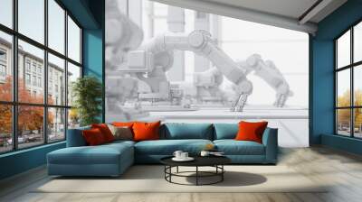 abstract 3d futuristic innovation white robot arm production in factory. Wall mural