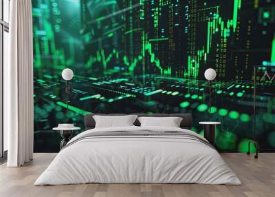 Abstract futuristic chart stock graph green digital dark background. Wall mural