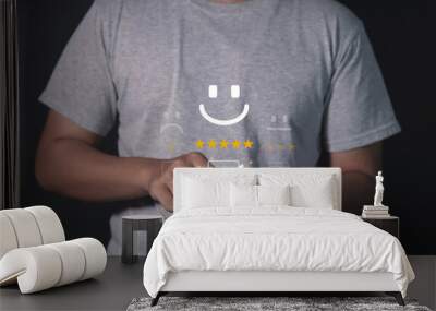 business man showing happy smile good feedback rating positive customer reviews rating satisfaction world mental health day calm mood mental health good mood 5 stars	
 Wall mural