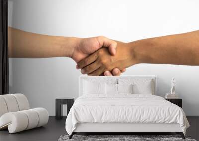 Close up two man shaking hand on white background.Athletes shaking hands before sports competition. Unity and teamwork concept. Wall mural