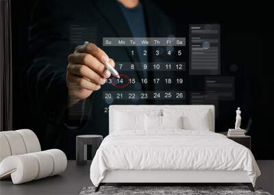 Time management concept. Businessman manages time for effective work. Calendar on the virtual screen interface. Highlight appointment reminders and meeting agenda on the calendar. Wall mural