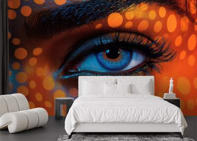 A close-up of a striking blue eye with vibrant, colorful dots creating an artistic and bold design around it. Wall mural