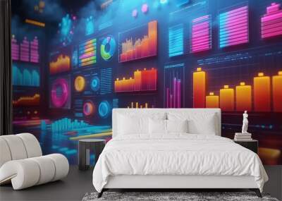 A vibrant urban scene at night with Christmas lights illuminating the city streets bustling with people and traffic, blending technology and festive cheer in a lively, digitally-connected environment Wall mural