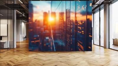 Cityscape Sunset with Stock Data Display: A captivating photograph of a city skyline at sunset, with a data display reflecting on the glass facade of a towering skyscraper. Wall mural