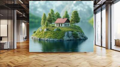 Secluded Lakeside Cabin: An idyllic escape in a serene landscape. A charming little cottage sits on a secluded island in a pristine lake, surrounded by lush greenery and snow-capped mountains in the d Wall mural