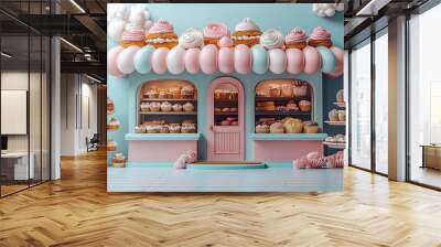 Sweet Dreams Bakery: A whimsical 3D illustration of a charming pastel-colored bakery, brimming with an array of delectable treats, perfect for food blogs, children's content, and sweet-themed designs. Wall mural