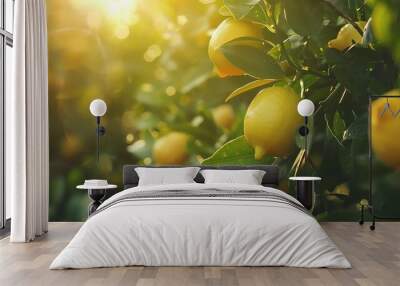 A lemon tree in a lush orchard, with ripe lemons hanging from the branches. The sun is shining brightly, and the leaves are a vibrant green. Wall mural