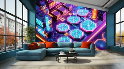 Graphic of  3D model of a hitech distribution center in a neonlit environment, with glowing hexagon patterns and abstract art elements Wall mural