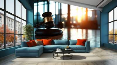 A close-up of a gavel resting on a wooden table, illuminated by warm sunlight streaming through large windows. Wall mural