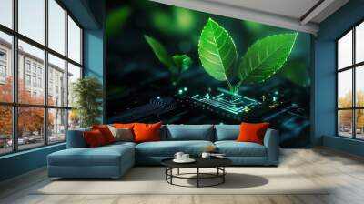 A vibrant representation of nature embracing technology, with green leaves growing from a computer chip, symbolizing innovation. Wall mural