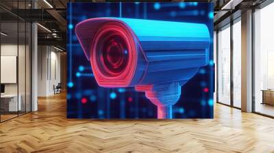 Colorful security camera on a digital background with blue and red effects. Wall mural