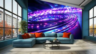 Highspeed fiber optic cables with dynamic light beams, neon blue and purple colors, futuristic technology, dark digital setting, 3D rendering Wall mural