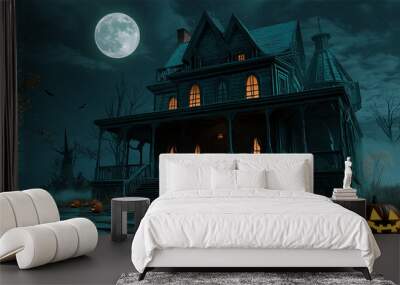 Spooky Haunted House with Glowing Pumpkins and Creepy Shadows Wall mural