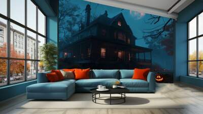 Spooky Haunted House with Glowing Pumpkins and Creepy Shadows Wall mural