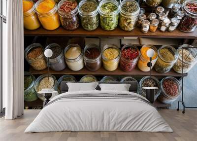 A beautiful overhead view of a traditional Thai spice rack filled with various jars of spices, including dried chilies, showcasing the diversity of flavors used in Thai cooking. Wall mural