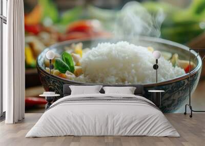 A close-up of a bowl of white rice with steam rising, set against a background of a colorful and appetizing Thai curry with fresh ingredients. Wall mural