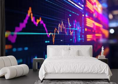 A close-up of a computer screen displaying dynamic financial charts and stock market data, with colorful graphs showing market trends and analysis. Wall mural