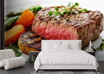 A close-up of a perfectly seared steak with a pink, juicy center, garnished with fresh herbs and served with a side of grilled vegetables, all on a white background Wall mural