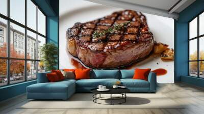 A close-up of a tender steak with a rich sauce drizzled over it, presented on a plain white plate, showcasing its mouthwatering details. Wall mural